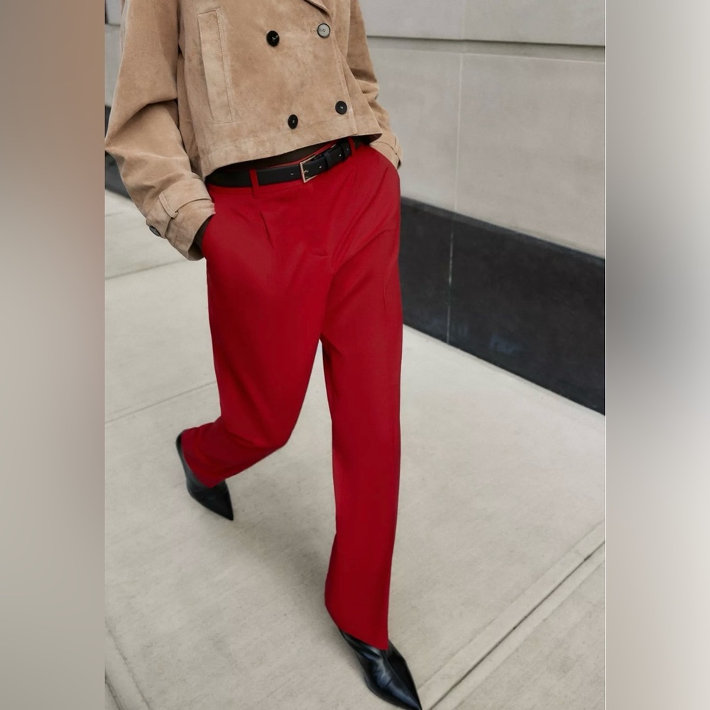 ZARA DARK RED STRAIGHT LEG BELTED PANTS SIZE XS